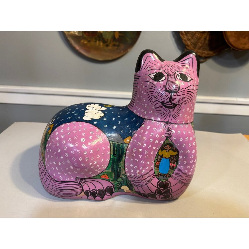Hand Painted & Handmade Cat Purple Village Scene Pottery Tonala Mexico Folk Art‎